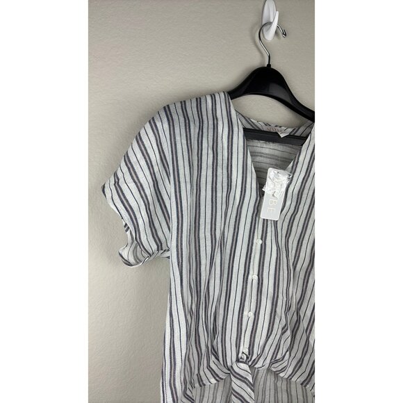 Vixbe - Small - Knotted Front V-Neck Cropped Shirt, Gray/White Stripes - Picture 4 of 6